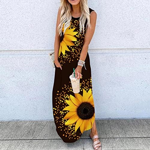 Zpervoba Yaz Elbiseler Kadınlar için Casual Boho Kolsuz Sundress Çiçek Bölünmüş Maxi Elbiseler Plaj Tankı Elbise Cepler