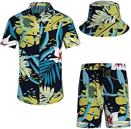 EISHOPEER erkek Çiçek Düğme Aşağı Hawaiian Setleri Rahat Kısa Kollu Gömlek ve Şort Takım Elbise
