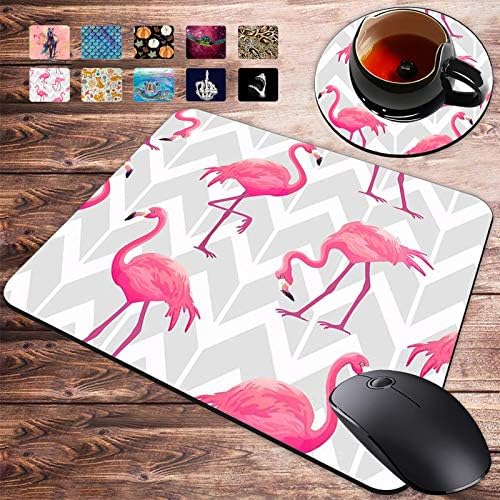 Oyun Mouse Pad ve Bardak Altlığı Seti, Pembe Tropikal Flamingolar Chevron Gri Geometrik Arka Plan Mousepad, Kaymaz