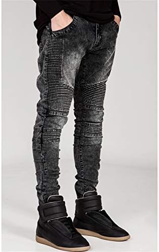 Andongnywell erkek Motosiklet Slim Fit Pileli Tayt Elastik Skinny Jeans Pantolon Fermuarlı Düğme Cepli