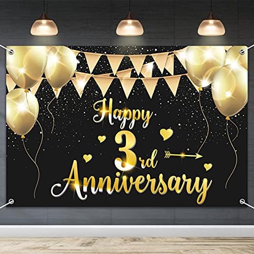 HAMİGAR 6x4ft Mutlu 3rd Yıldönümü Afiş Zemin - 3 Düğün Yıldönümü Süslemeleri Parti Malzemeleri-Siyah Altın