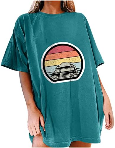 Follure nostaljik araba Baskı T Shirt Kadın Kısa Kollu Yol Gezisi Baggy Tops Y2K O Boyun Batı Grafik Yaz Rahat Gömlek