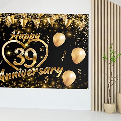 Mutlu 39th Yıldönümü Backdrop Banner Dekor Siyah Altın-Glitter Aşk Kalp Mutlu 39 Yıl Düğün Yıldönümü Parti Tema Süslemeleri