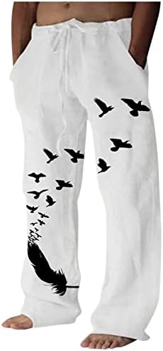 Geniş Bacak Pantolon erkek Kuş Baskı Pamuk Keten Pantolon Rahat Yoga Pantolon Streç dinlenme pantolonu Artı Boyutu