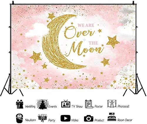 Hilioens 7×5ft Biz Ayın Üstündeyiz Kız Bebek Duş Zemin Ay ve Yıldızlar Pembe Yıldızlı Gece Göksel Arka Plan Twinkle