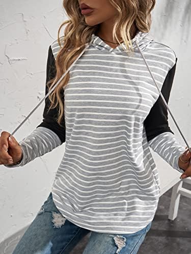 Milumia Kadın Çizgili İpli Hoodie Uzun Kollu Kapşonlu İş Gömlek Tunik Üstleri