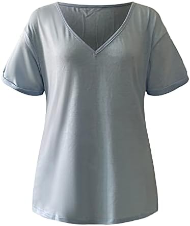 Kadın Rahat Düz Renk T Shirt Derin V Boyun Kısa Kollu Üstleri Rahat Gevşek Fit Tee Gömlek Yaz Rahat Streç Bluz Üst