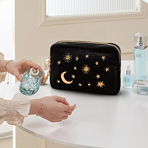 Kullanışlı kozmetik makyaj çantası, Lacivert Kadife İşlemeli Aplike Ay Yıldız Kozmetik Çantası, Püsküllü ve İnci Fermuarlı