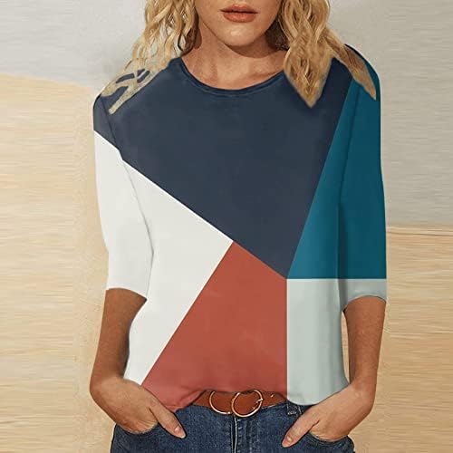 CGGMVCG kadın Üstleri Bayan Üç Çeyrek Kollu T Shirt Geometrik Renk Blok Baskı moda üst giyim 3/4 Kollu T Shirt