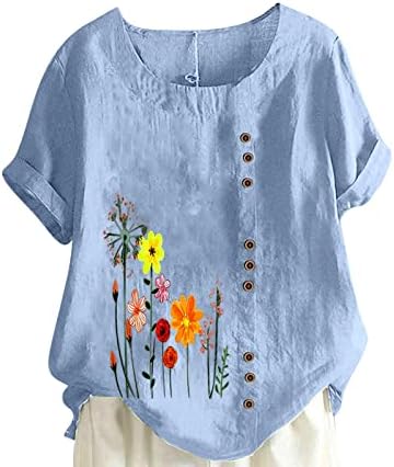 Bluz T Shirt Kadın Kısa Kollu Crewneck Keten Pamuk Gül Papatya Çiçek Grafik Artı Boyutu Rahat Bluz at