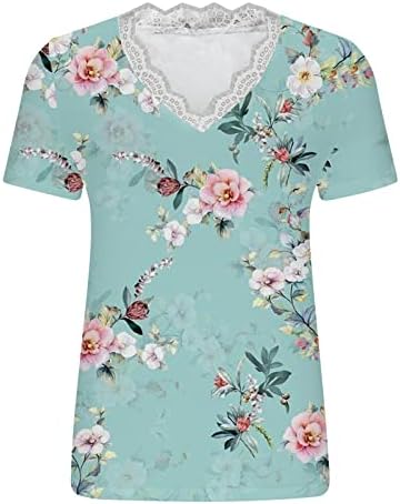 Yaz Çiçek Baskılı T Shirt Kadınlar için V Boyun Tığ İşi dantel üstler Kısa Kollu Bluz Gevşek Rahat Seksi Tee Gömlek