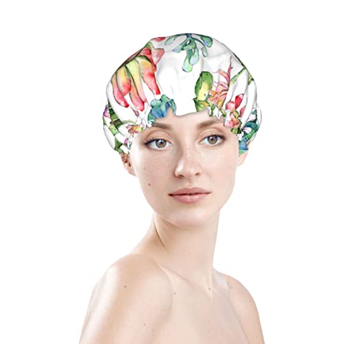 Kadınlar Kullanımlık Streç Hem Saç Şapka Tropikal Succulents Suluboya Çift Katmanlar Su Geçirmez Duş Başlığı banyo