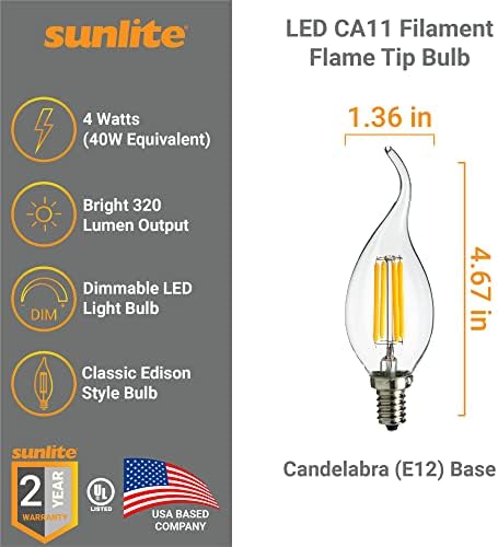 Sunlite 41745 LED Filament CA11 Alev Ucu Avize Ampulü, 4 Watt (40W Eşdeğeri) 320 Lümen, Şamdan (E12) Taban, Kısılabilir,