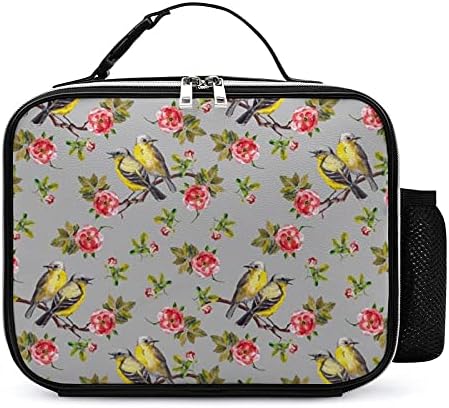 Kuşlar Ve Güller Gri Arka Plan üzerinde Yeniden Kullanılabilir yemek taşıma çantası Yalıtımlı öğle yemeği kutu konteyner