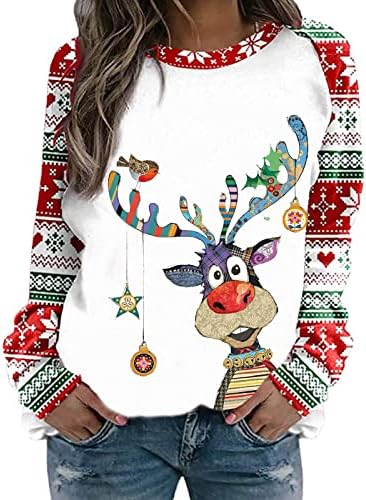 Kadın Noel Tişörtü Uzun Kollu Crewneck Gömlek Casual Dışarı Çıkmak Tunik Üstleri Moda Ren Geyiği Grafik Kazak Üst
