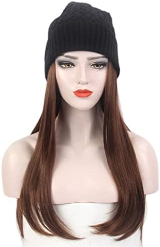 YXBDN Bayanlar Saç Şapka Bir Siyah Örme Şapka Peruk ile Uzun Düz Saç Kahverengi Peruk Şapka Bir