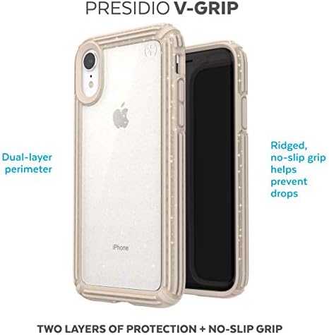 Benek Ürünleri Presidio V-Grip iPhone XR Kılıf, IMPACTİUM, Şok Emici, Altın Parıltılı Şeffaf / Dana Derisi Kahverengi