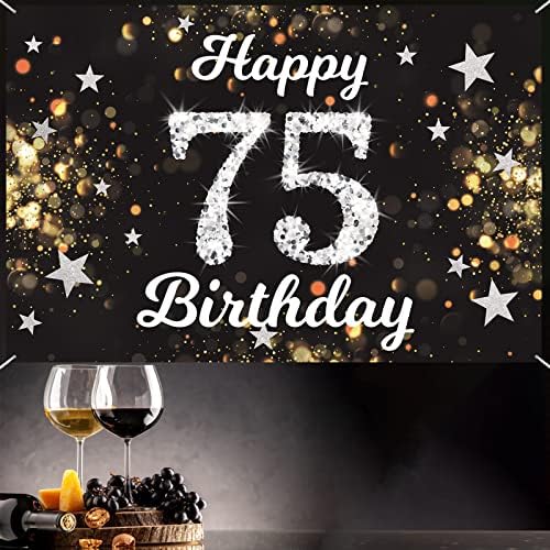 4 x 6ft Mutlu 75th Doğum Günü Partisi Süslemeleri Afiş Gümüş ve Siyah İşareti-Şerefe 75 Yıl Yıldönümü fotoğraf kabini