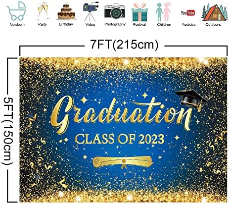 LIVUCEE Tebrikler Mezuniyet Fotoğraf Backdrop Sınıf 2023 Kraliyet Mavi Altın Glitter Arka Plan Kutlama Balo Parti