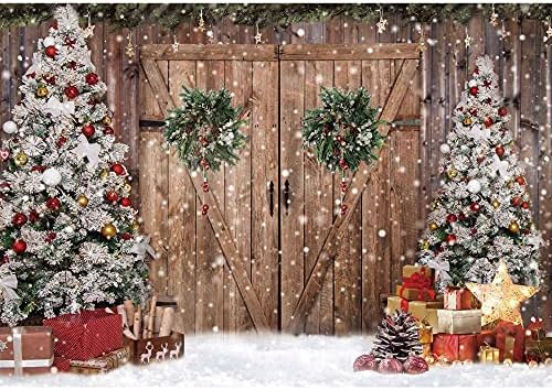 Felortte 10x8FT Polyester Kumaş Kış Noel Rustik Ahır Ahşap Kapı Fotoğraf Backdrop Noel Ağacı Kar Hediyeler Dekor Arka