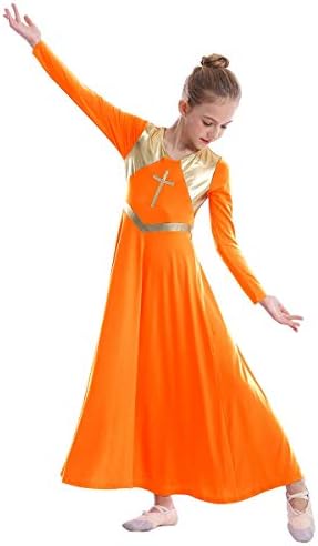 Çocuk Kız Metalik Çapraz Övgü Dans Elbise Liturjik Lirik Giyim Renk Blok Uzun Kollu İbadet dans elbiseleri