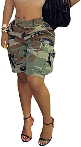 Vakkest kadın Camo Kargo Şort Rahat Moda Yüksek Belli Yaz Joggers Kamuflaj Baskı Kısa cepli pantolon