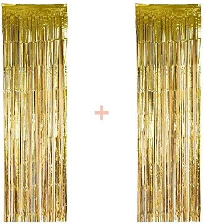 3.2 ft x 9.8 ft Metalik Tinsel Folyo Saçak Perdeleri Parti fotoğraf arka fonu Düğün Dekor (2 Paket)