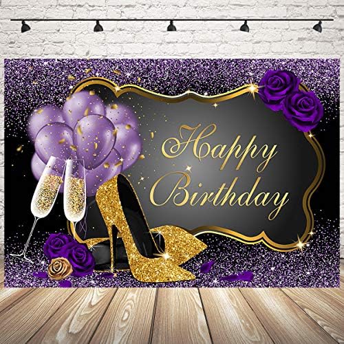 Mocsıcka Glitter Mor Altın Mutlu Doğum Günü Zemin 7x5ft Yüksek Topuklu Şampanya Balon kadın Doğum Günü Fotoğraf Arka