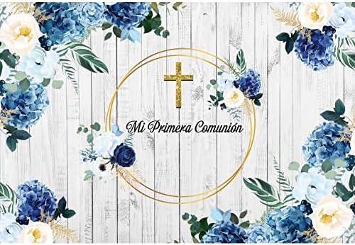 6x4ft Mi Primera Comunion Zemin Rustik Ahşap Mavi Çiçekler İlk Komünyon Vaftiz Parti Fotoğraf Arka Plan Tanrı Korusun