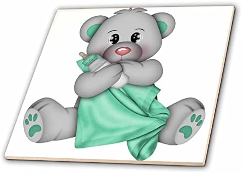 Yeşil Battaniye ve Şişe İllüstrasyonlu 3dRose Sevimli Bebek Ayı-Fayans (ct_354839_1)