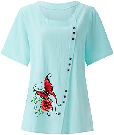 MtsDJSKF kadın Keten Giysiler, Çiçek Baskı Kısa Kollu Ekip Boyun Boy Keten T-Shirt Casual Bayan Casual Tişörtleri
