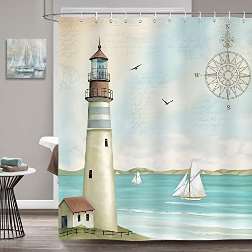 Bonhause Denizcilik Deniz Feneri Duş Perdesi 72x72 İnç Yelkenli Kıyı Mavi Dekoratif banyo perdesi Polyester Kumaş