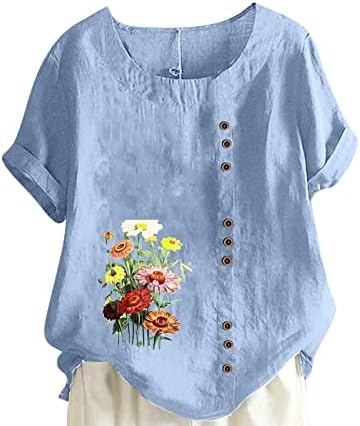 Bluz Gömlek Kızlar için 2023 Kısa Kollu Keten Pamuk Ekip Boyun Papatya Çiçek Grafik Artı Boyutu Brunch Üst B7
